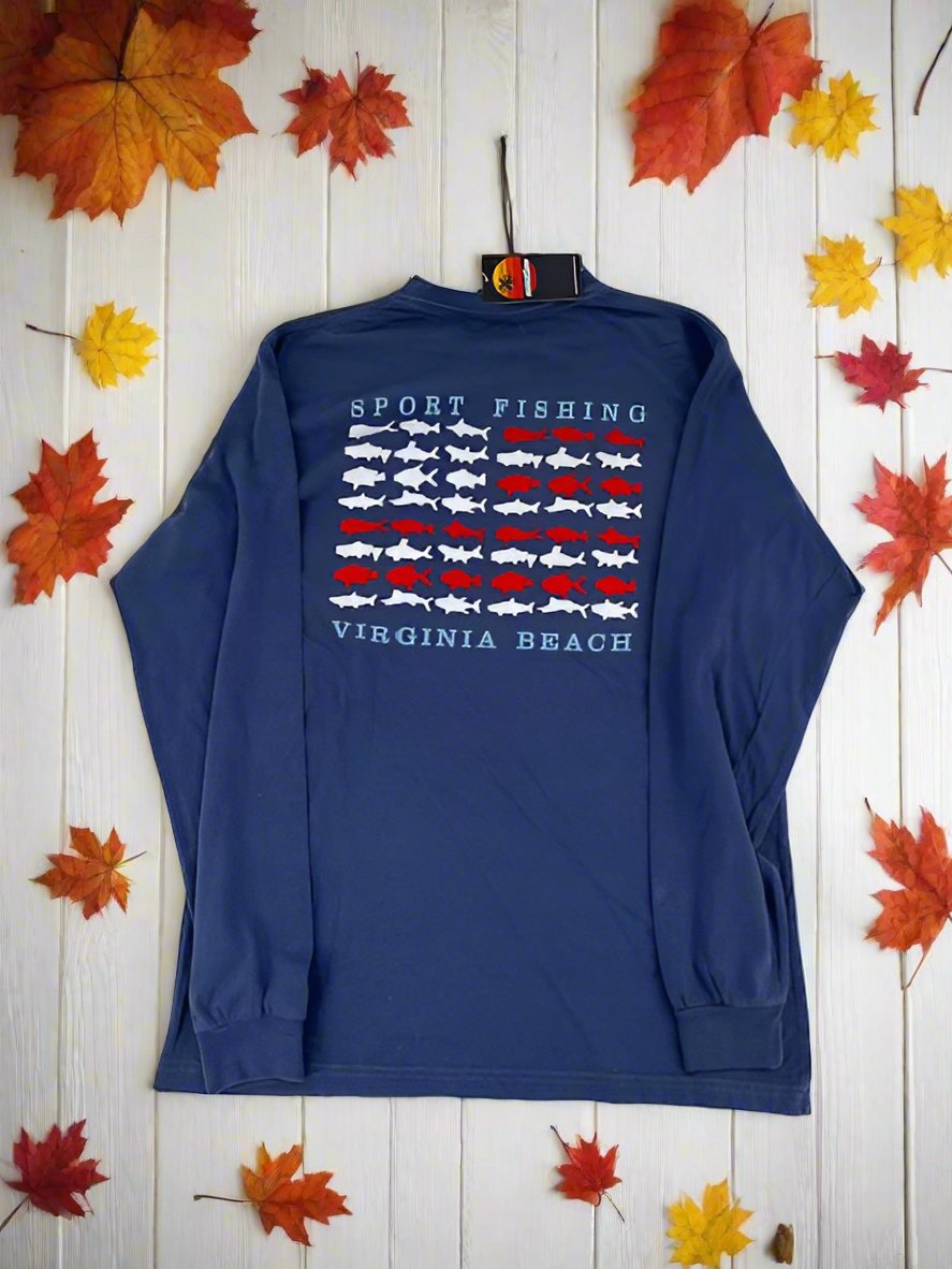 Men's Adult Garment Dye Long Sleeve T-Shirt Sport Fishing Virginia Beach