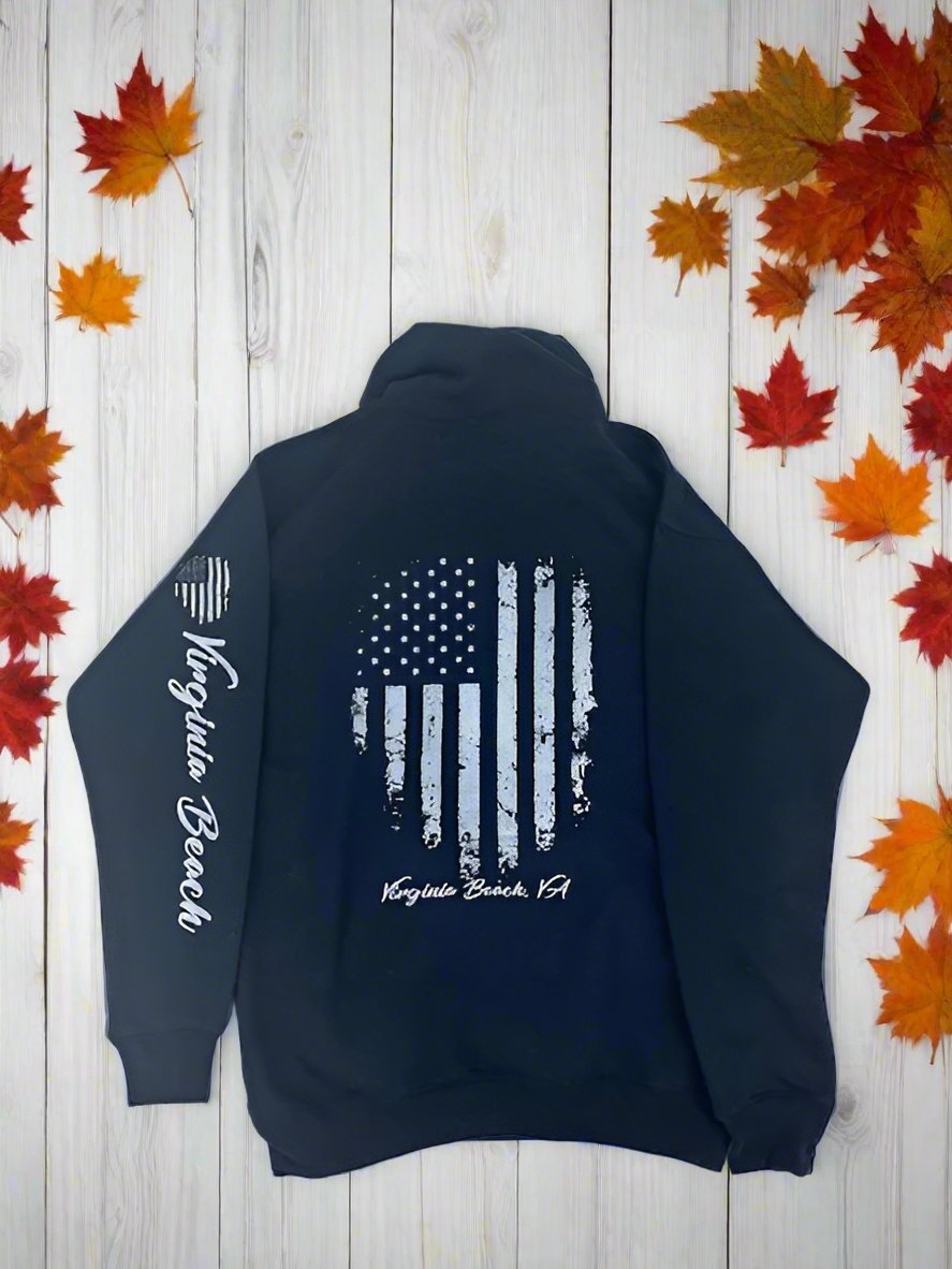 Adult Pullover Hoody Virginia Beach & American Flag Design Dark Blue
