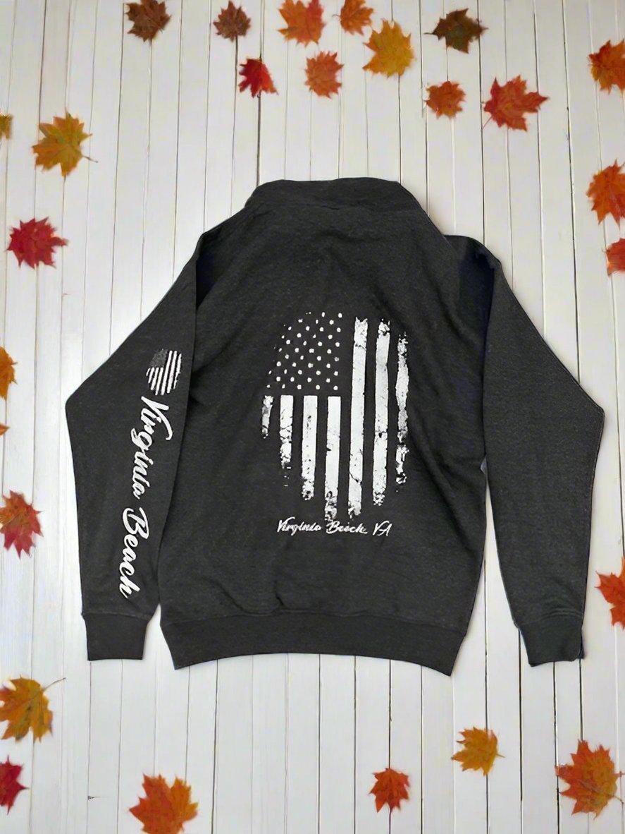 Adult Pullover Hoody Virginia Beach & American Flag Design Dark Gray