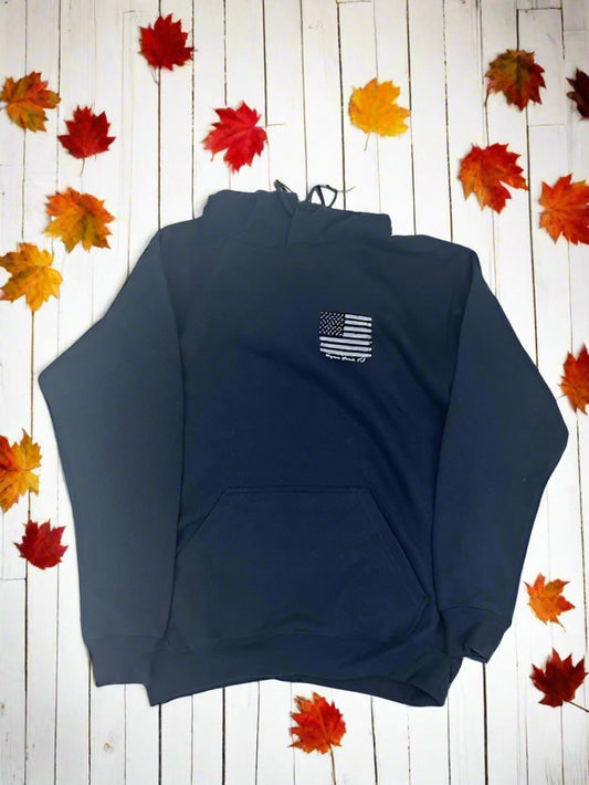 Adult Pullover Hoody Virginia Beach & American Flag Design Dark Blue